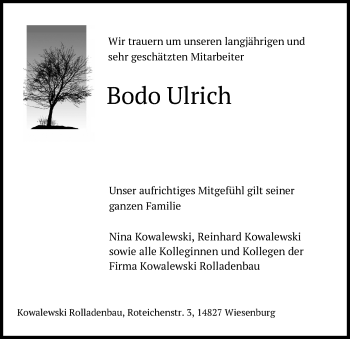 Traueranzeige von Bodo Ulrich von Märkische Oderzeitung