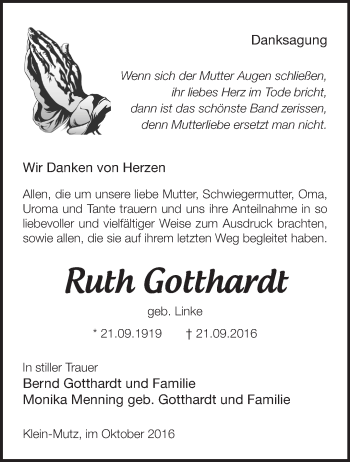 Traueranzeige von Ruth Gotthardt von Märkische Oderzeitung