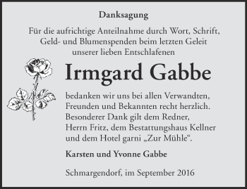 Traueranzeige von Irmgard Gabbe von Märkische Oderzeitung