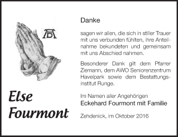 Traueranzeige von Else Fourmont von Märkische Oderzeitung