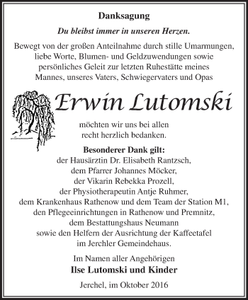 Traueranzeige von Erwin Lutomski von Märkische Oderzeitung