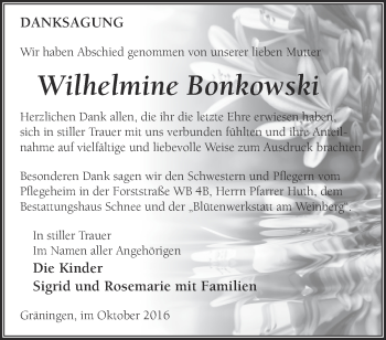 Traueranzeige von Wilhelmine Bonkowski von Märkische Oderzeitung