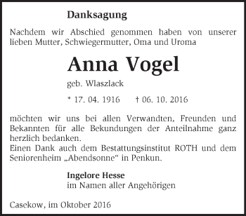 Traueranzeige von Anna Vogel von Märkische Oderzeitung