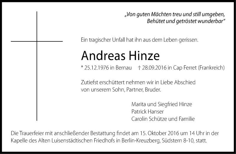  Traueranzeige für Andreas Hinze vom 08.10.2016 aus Märkische Oderzeitung