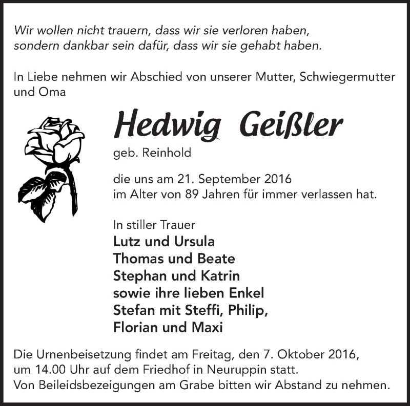 Traueranzeige für Hedwig Geißler vom 01.10.2016 aus Märkische Oderzeitung