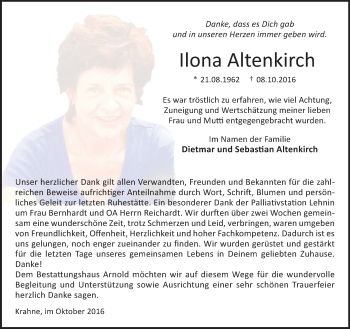 Traueranzeige von Ilona Altenkirch von Märkische Oderzeitung