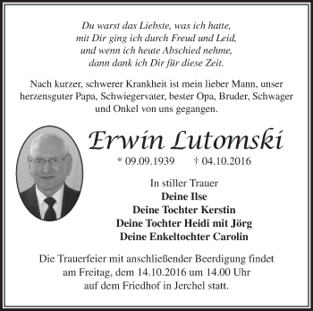 Traueranzeige von Erwin Lutomski von Märkische Oderzeitung