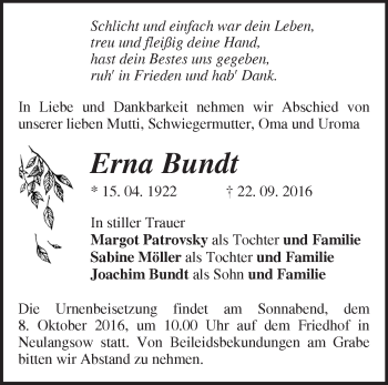 Traueranzeige von Erna Bundt von Märkische Oderzeitung