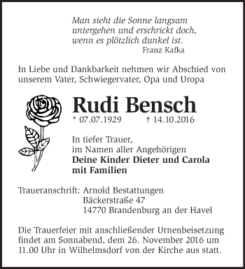 Traueranzeige von Rudi Bensch von Märkische Oderzeitung