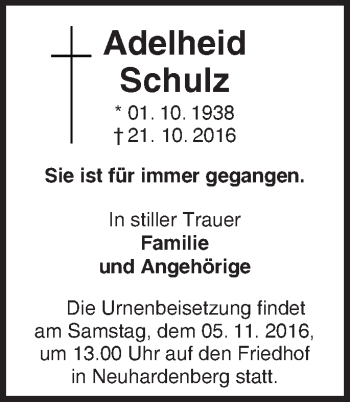 Traueranzeige von Adelheid Schulz von Märkische Oderzeitung