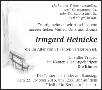 Traueranzeige von Irmgard Heinicke von Märkische Oderzeitung