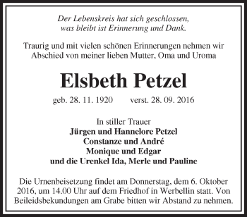 Traueranzeige von Elsbeth Petzel von Märkische Oderzeitung