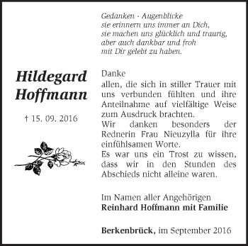 Traueranzeige von Hildegard Hoffmann von Märkische Oderzeitung