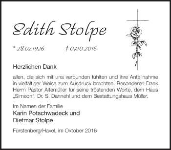 Traueranzeige von Edith Stolpe von Märkische Oderzeitung