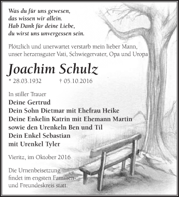 Traueranzeige von Joachim Schulz von Märkische Oderzeitung