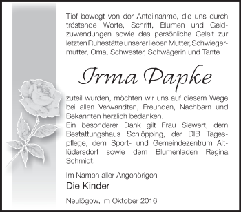 Traueranzeige von Irma Papke von Märkische Oderzeitung