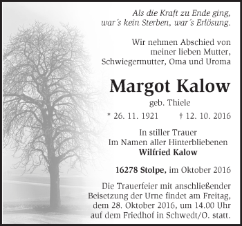 Traueranzeige von Margot Kalow von Märkische Oderzeitung