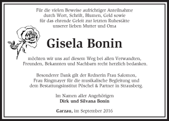 Traueranzeige von Gisela Bonin von Märkische Oderzeitung