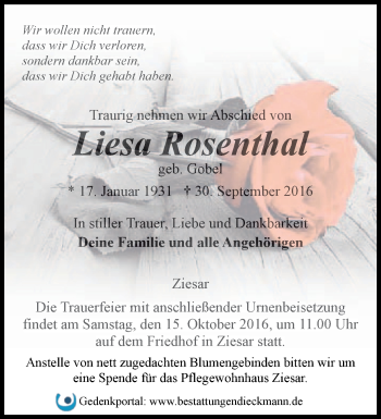 Traueranzeige von Liesa Rosenthal von Märkische Oderzeitung