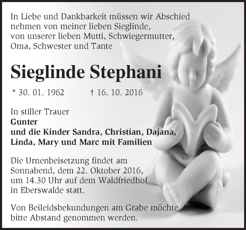  Traueranzeige für Sieglinde Stephani vom 20.10.2016 aus Märkische Oderzeitung