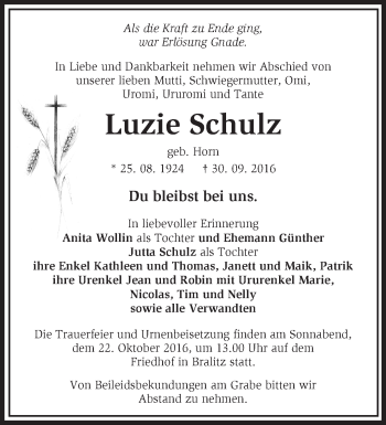 Traueranzeige von Luzie Schulz von Märkische Oderzeitung