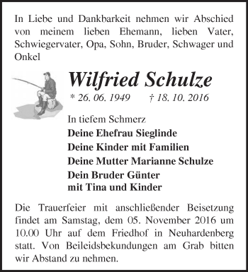 Traueranzeige von Wilfried Schulze von Märkische Oderzeitung