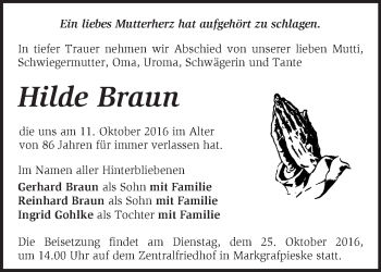 Traueranzeige von Hilde Braun von Märkische Oderzeitung