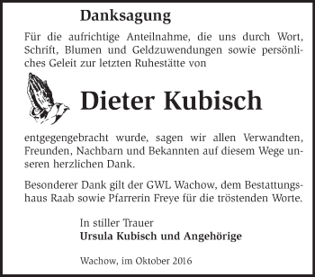 Traueranzeige von Dieter Kubisch von Märkische Oderzeitung