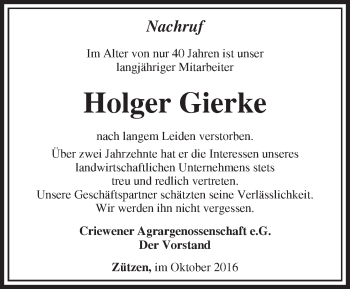 Traueranzeige von Holger Gierke von Märkische Oderzeitung