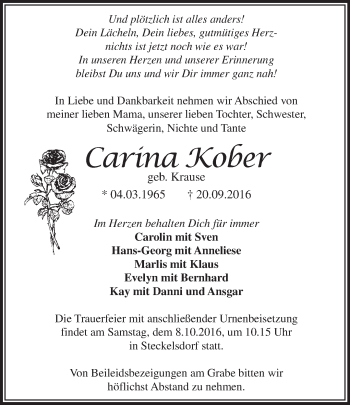 Traueranzeige von Carina Kober von Märkische Oderzeitung