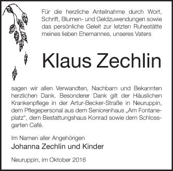 Traueranzeige von Klaus Zechlin von Märkische Oderzeitung