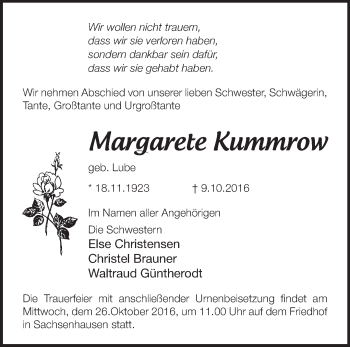 Traueranzeige von Margarete Kummrow von Märkische Oderzeitung