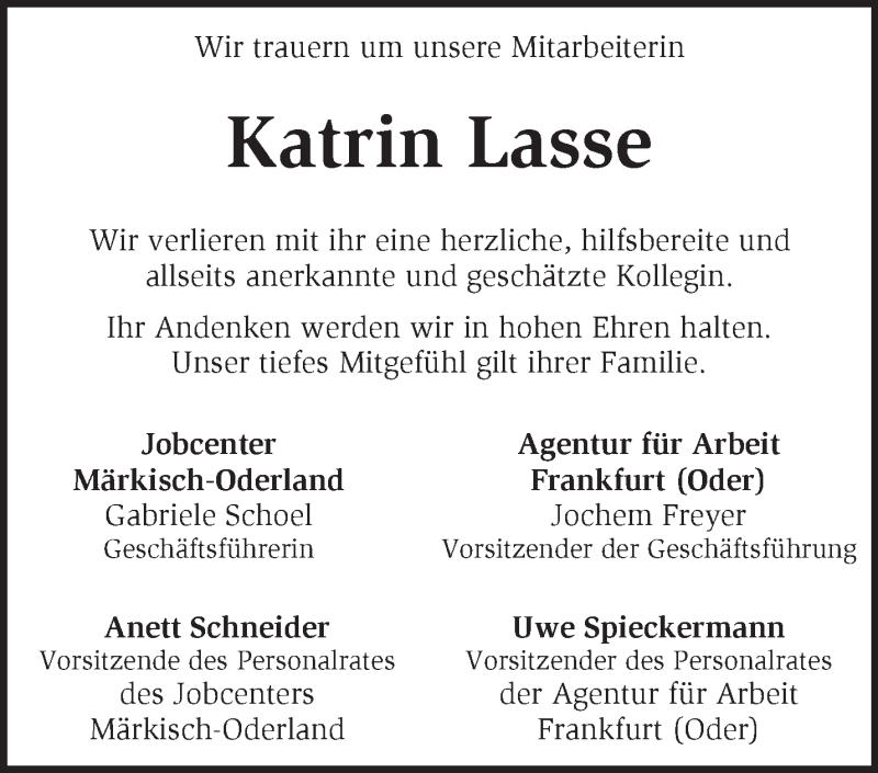  Traueranzeige für Katrin Lasse vom 24.10.2016 aus Märkische Oderzeitung