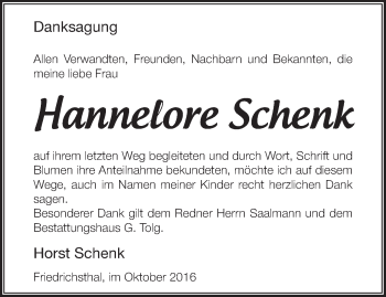 Traueranzeige von Hannelore Schenk von Märkische Oderzeitung