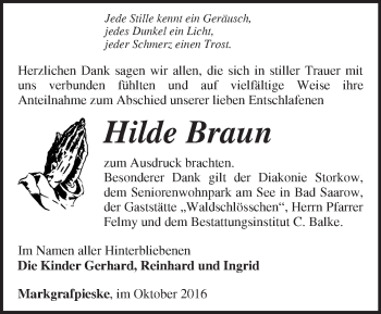 Traueranzeige von Hilde Braun von Märkische Oderzeitung