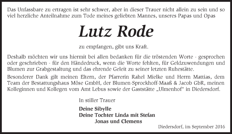  Traueranzeige für Lutz Rode vom 08.10.2016 aus Märkische Oderzeitung