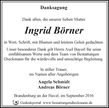 Traueranzeige von Ingrid Börner von Märkische Oderzeitung