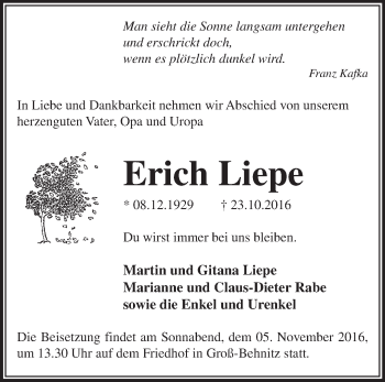 Traueranzeige von Erich Liepe von Märkische Oderzeitung