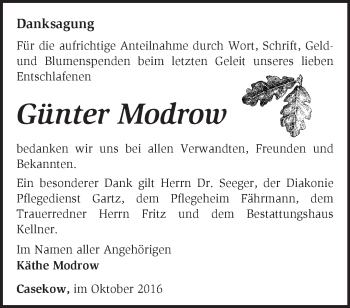 Traueranzeige von Günter Modrow von Märkische Oderzeitung