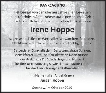 Traueranzeige von Irene Hoppe von Märkische Oderzeitung