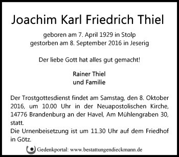 Traueranzeige von Joachim Thiel von Märkische Oderzeitung