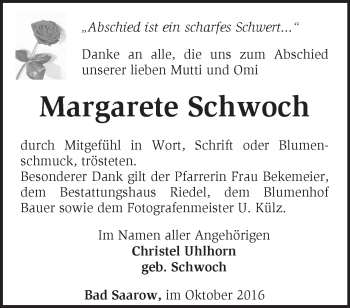 Traueranzeige von Margarete Schwoch von Märkische Oderzeitung