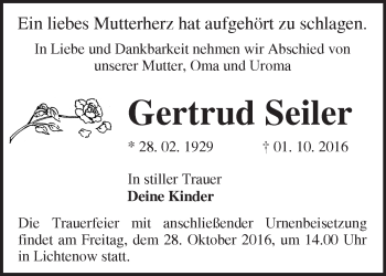 Traueranzeige von Gertrud Seiler von Märkische Oderzeitung