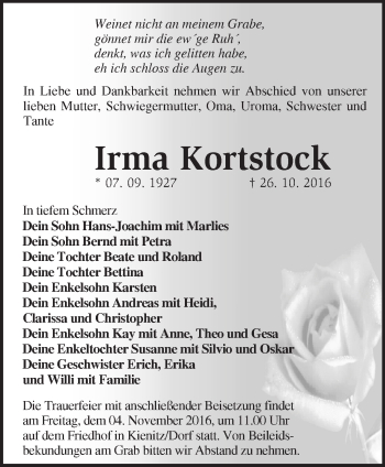 Traueranzeige von Irma Kortstock von Märkische Oderzeitung