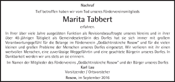 Traueranzeige von Marita Tabbert von Märkische Oderzeitung