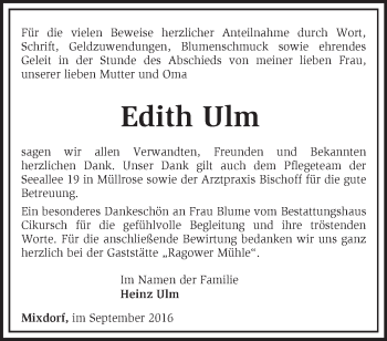 Traueranzeige von Edith Ulm von Märkische Oderzeitung