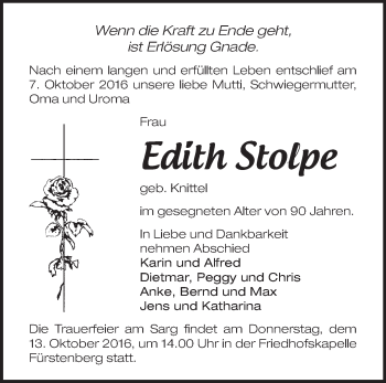 Traueranzeige von Edith Stolpe von Märkische Oderzeitung