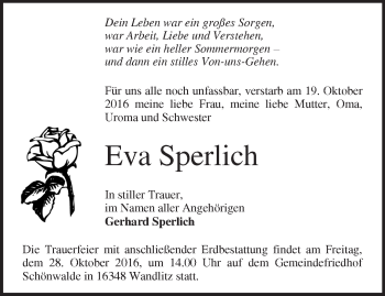 Traueranzeige von Eva Sperlich von Märkische Oderzeitung