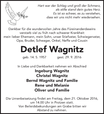 Traueranzeige von Detlef Wagnitz von Märkische Oderzeitung