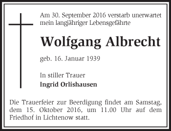 Traueranzeige von Wolfgang Albrecht von Märkische Oderzeitung